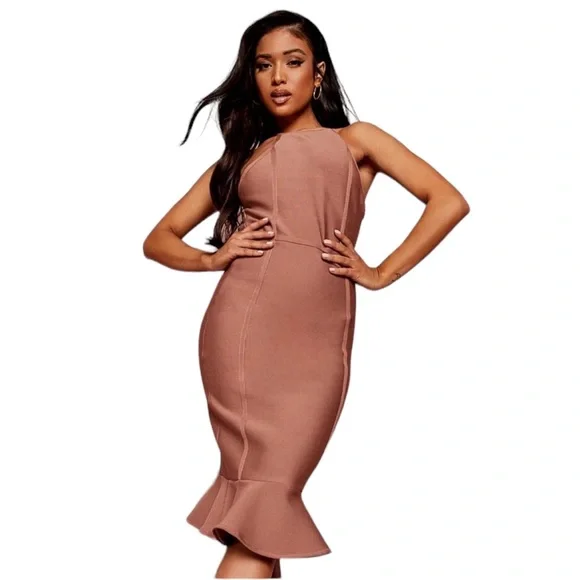 PETITE BANDAGE HALTER BODYCON MIDI DRESS, SIZE 10, COLOR Chocolate - Picture 2 of 6